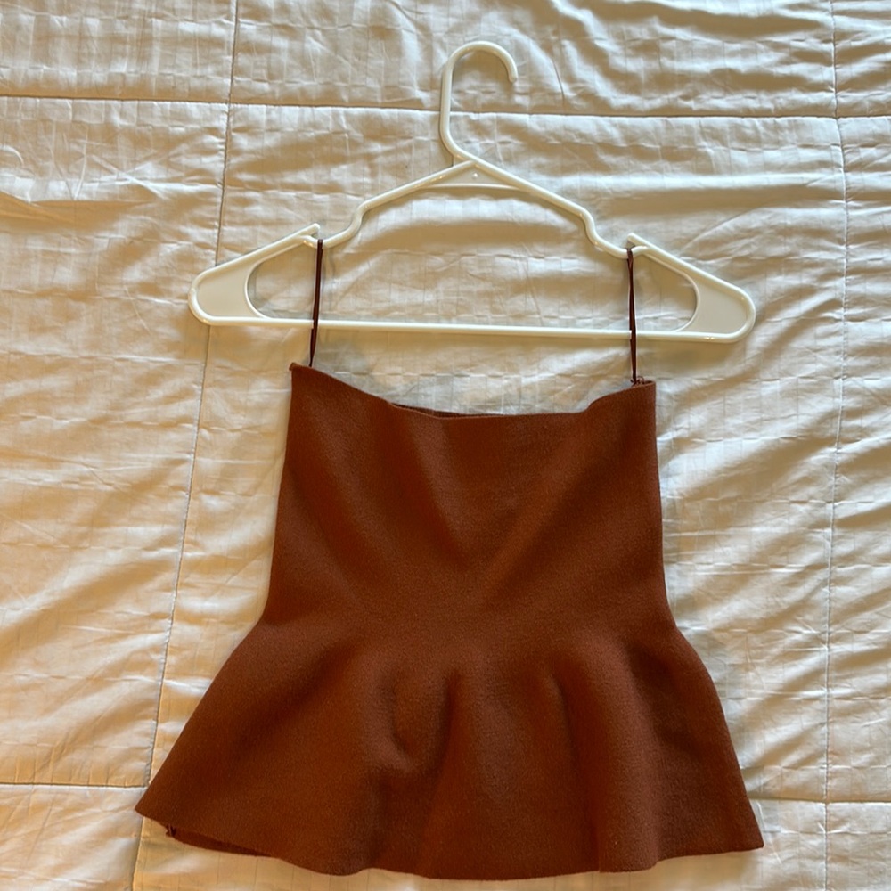 Burnt orange tube top with a flared bottom